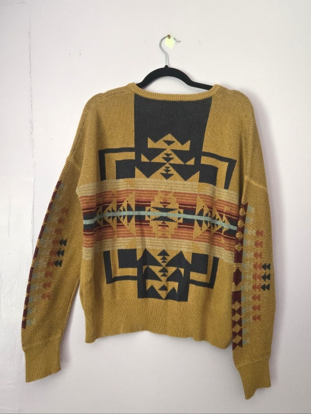 Vintage Pendleton LRG Mustard Aztec V-Neck Sweater with Multicolor Stripes - Picture 2 of 3